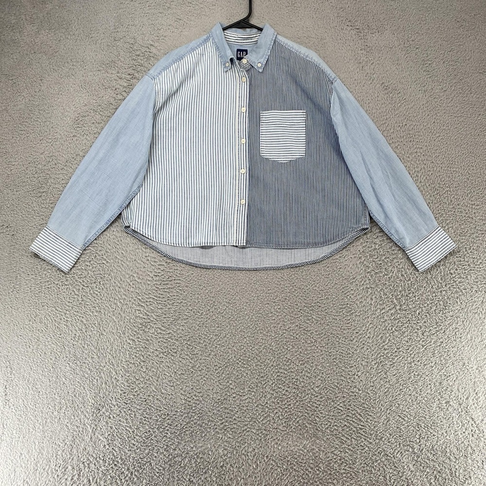 Gap Chambray Shirt Womens Small Blue Striped Button Up Boxy Oversized Patchwork